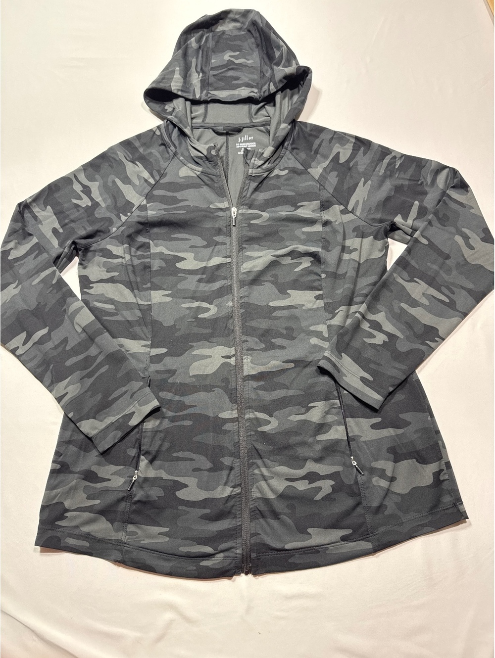 J Jill Fit Performance Zip-Front Hoodie in Cool Gray Camo